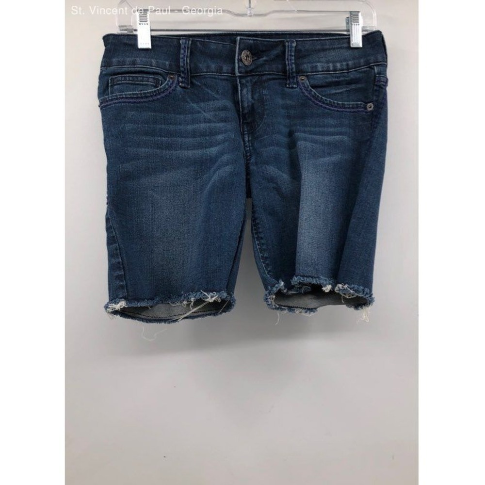 Guess Blue Embroidered Stretch Raw Fringe Cut Off Denim Shorts Embroidered 26